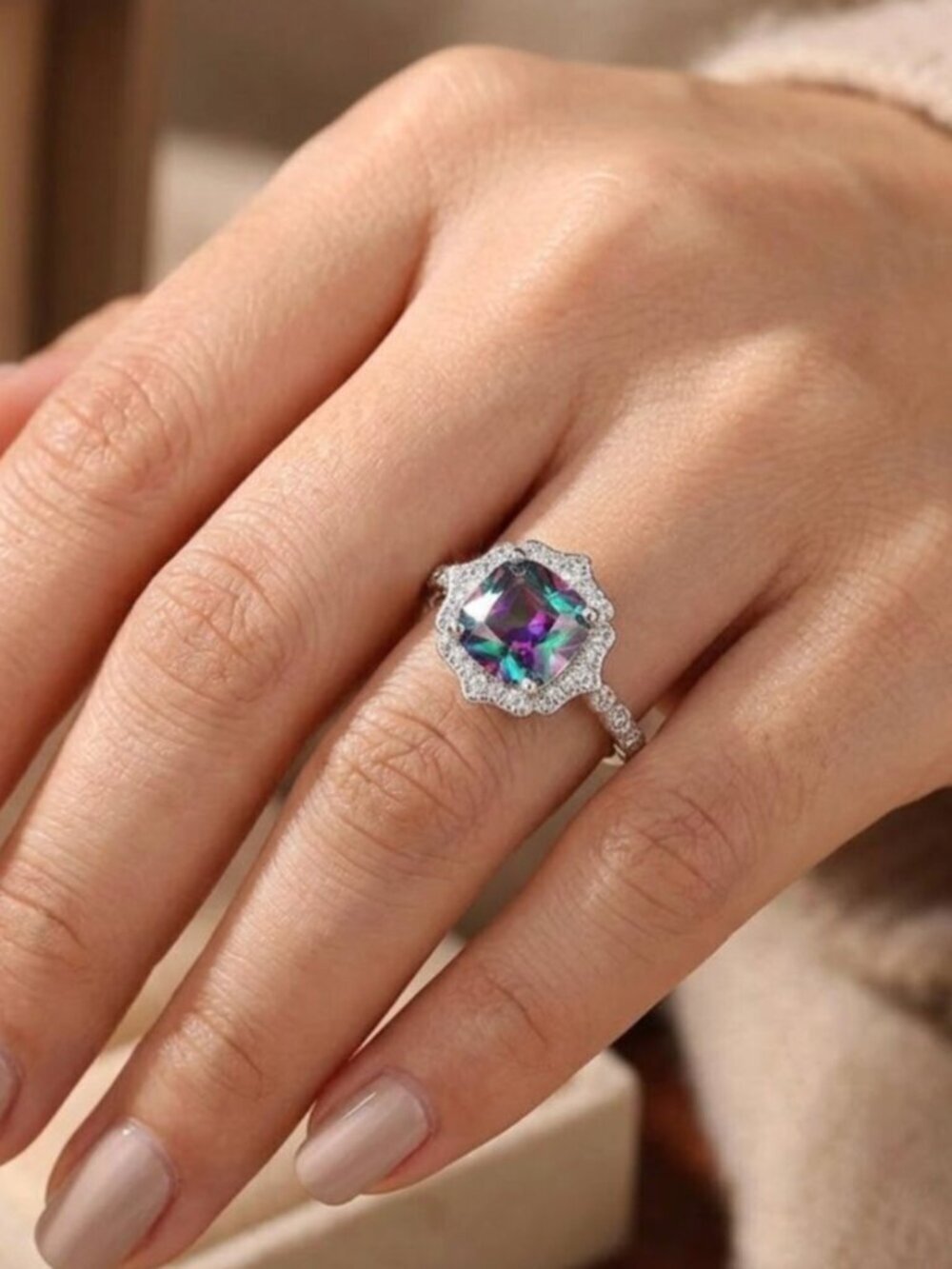 NEW 925 Sterling Silver Mystic Topaz Diamond Halo Cushion Cut Ring